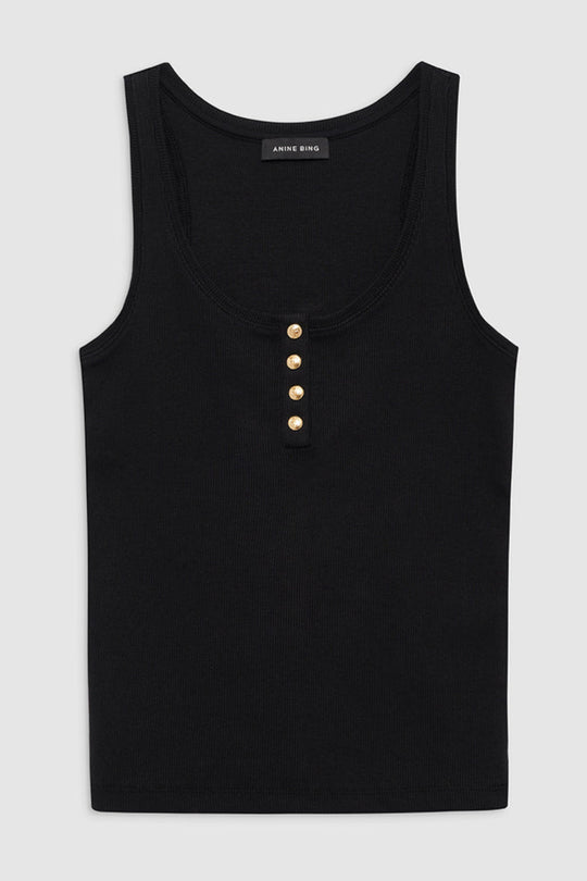 Anine Bing Alessia Tank – ribbet tanktop i bomuldsblanding med guld-monogram knapper og afslappet pasform.