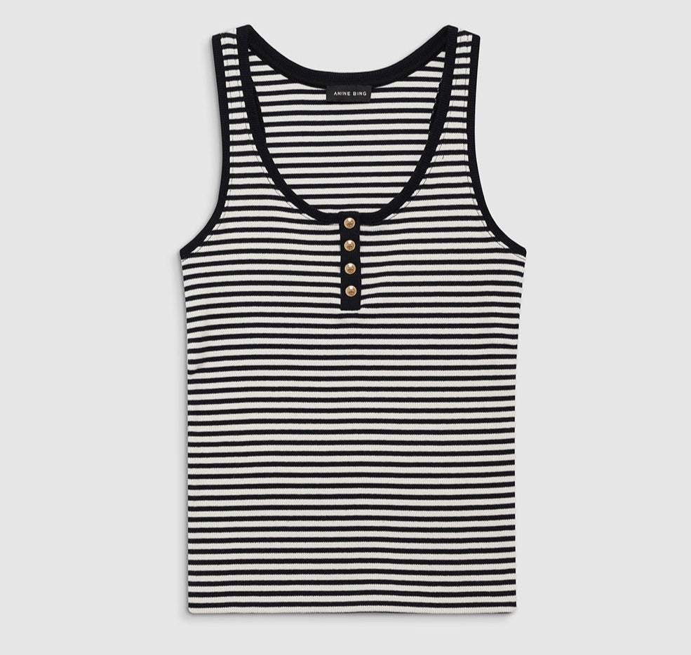 Anine Bing Alessia Tank – stribet tanktop i bomuldsblanding med guld-monogram knapper og afslappet pasform.