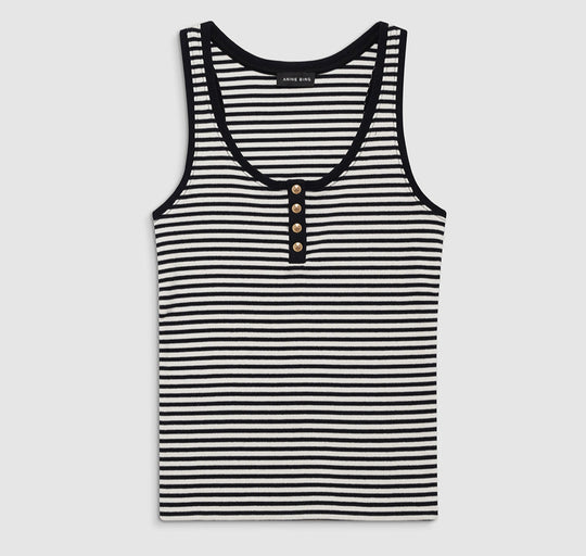 Anine Bing Alessia Tank – stribet tanktop i bomuldsblanding med guld-monogram knapper og afslappet pasform.