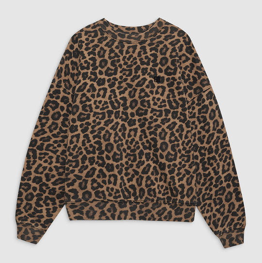 Anine Bing Miles Sweatshirt – oversized sweatshirt i 100% bomuldsfleece med leopardprint i sort og brun. Crewneck og børstet inderside.