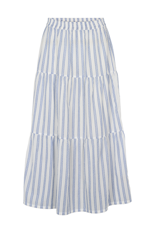 Basic Apparel Ada Skirt i 100 % økologisk bomuld med striber, elastik i taljen, A-snit og læg-længde. Bæredygtig og elegant nederdel.