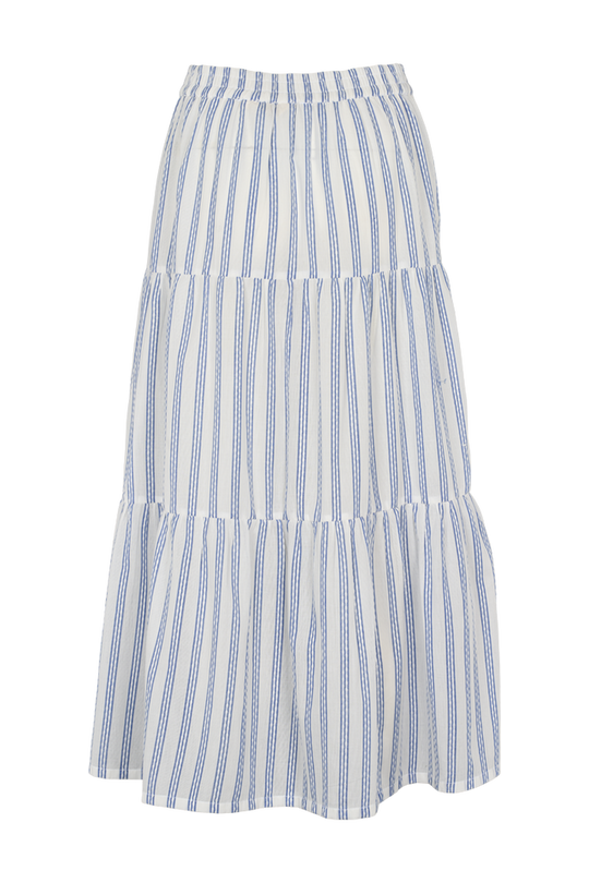 Basic Apparel Ada Skirt i 100 % økologisk bomuld med striber, elastik i taljen, A-snit og læg-længde. Bæredygtig og elegant nederdel.