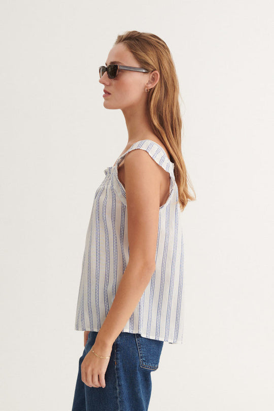 Basic Apparel Ada Top i 100 % økologisk bomuld med striber, smock i halsudskæring, rynkede stropper og regular fit. Bæredygtig og alsidig top.