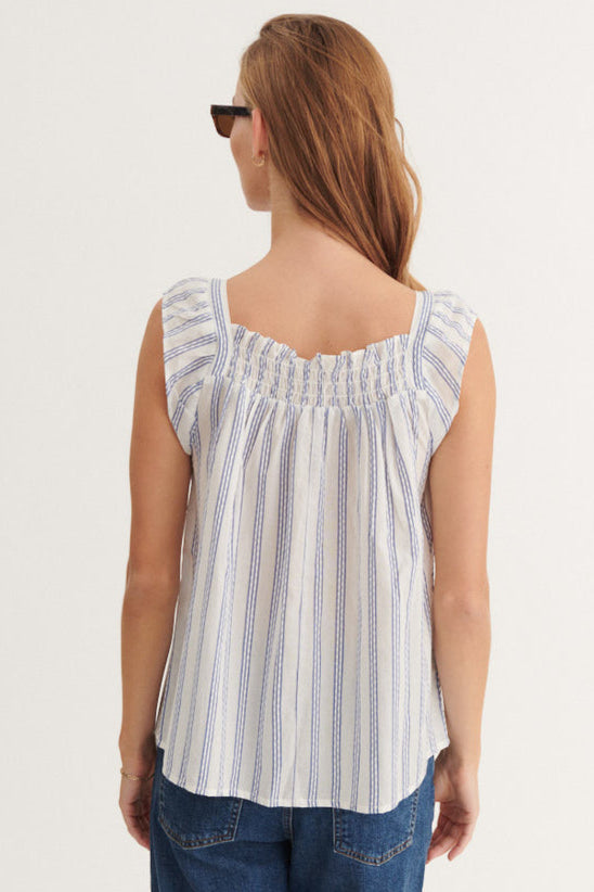 Basic Apparel Ada Top i 100 % økologisk bomuld med striber, smock i halsudskæring, rynkede stropper og regular fit. Bæredygtig og alsidig top.