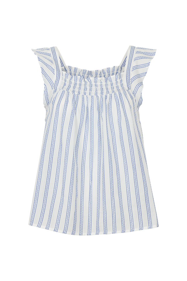 Basic Apparel Ada Top i 100 % økologisk bomuld med striber, smock i halsudskæring, rynkede stropper og regular fit. Bæredygtig og alsidig top.