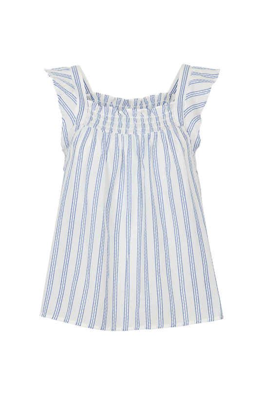 Basic Apparel Ada Top i 100 % økologisk bomuld med striber, smock i halsudskæring, rynkede stropper og regular fit. Bæredygtig og alsidig top.