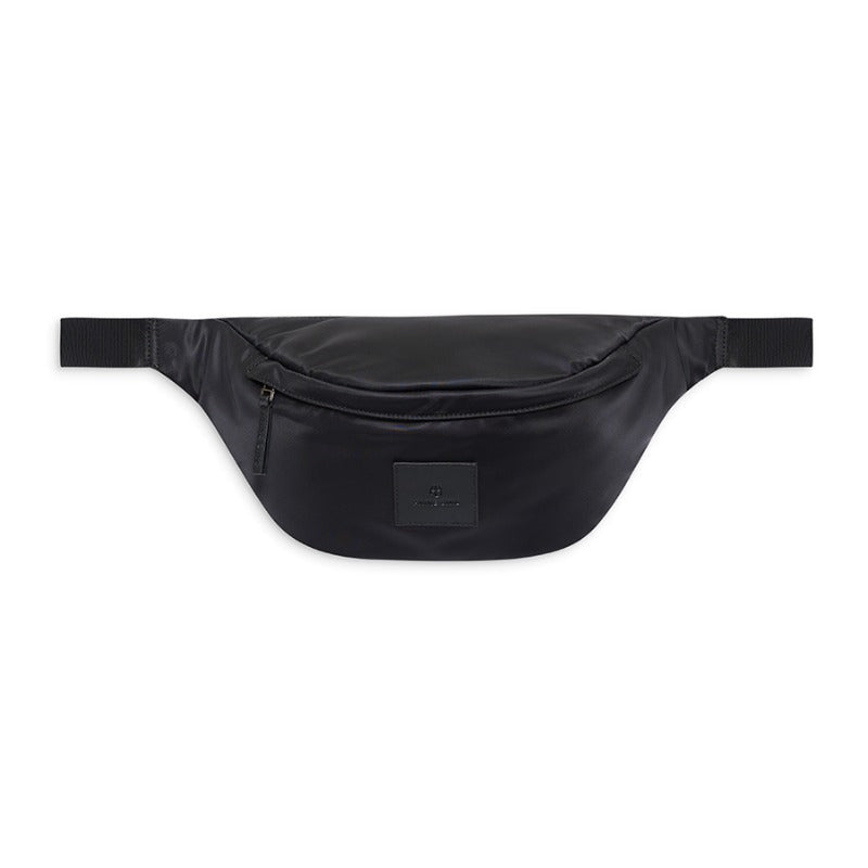 Anine Bing Leon Waist Bag i sort nylon med justerbar rem og lynlåslukkede rum. En moderne, praktisk taske med eksklusive læderdetaljer.