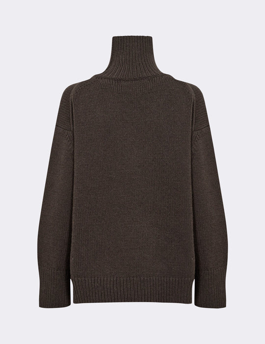 LR-PERLE 3 Pullover Mørk Brun – ribbet rullekrave, lange ærmer og blød merinould/kashmirblanding til hverdags- og kontorbrug.