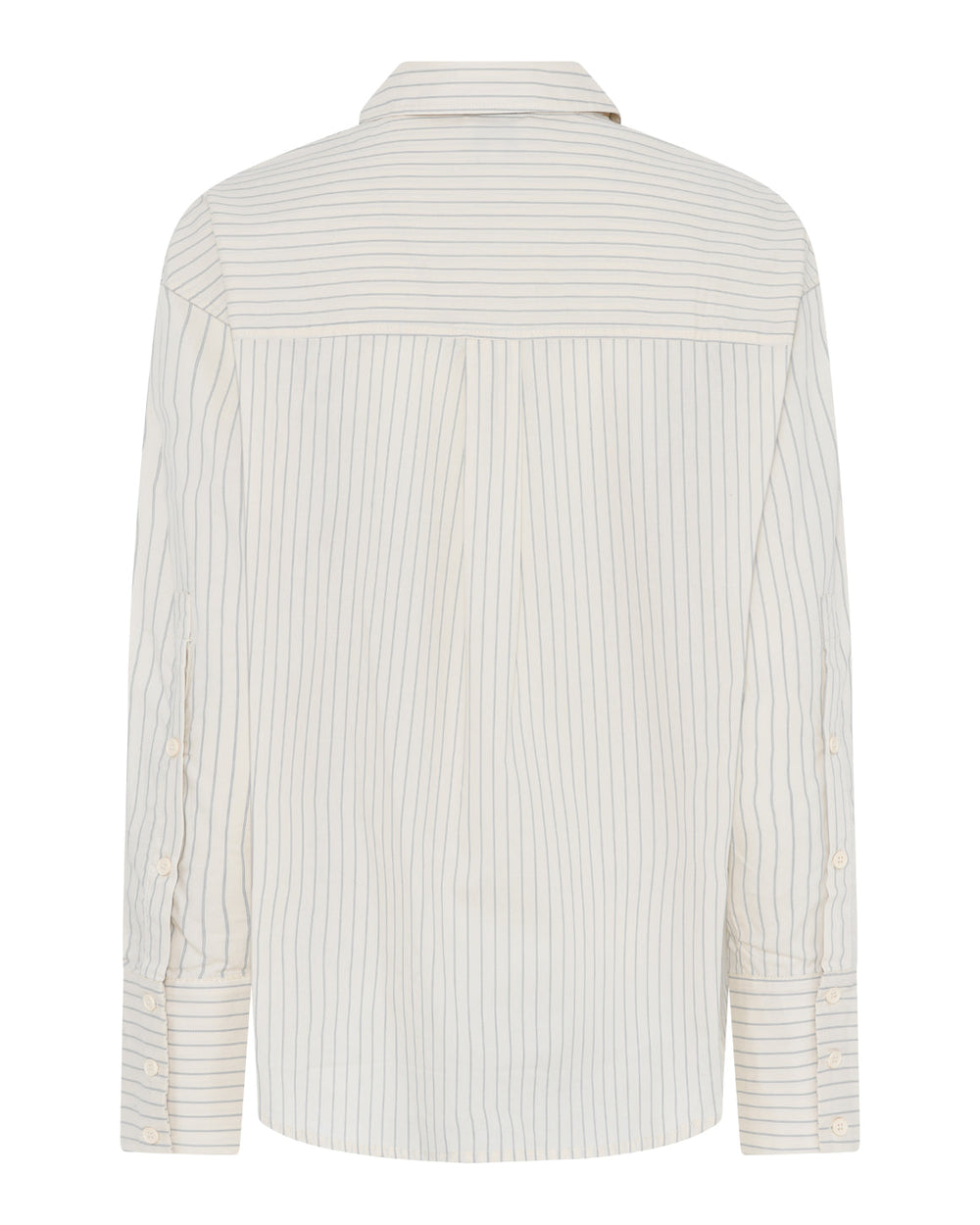 La Rouge Candy Shirt i sand stripe – oversized efterårsskjorte i 100% bomuld med grå striber, brystlomme og ærmemanchetter med ekstra knapper.