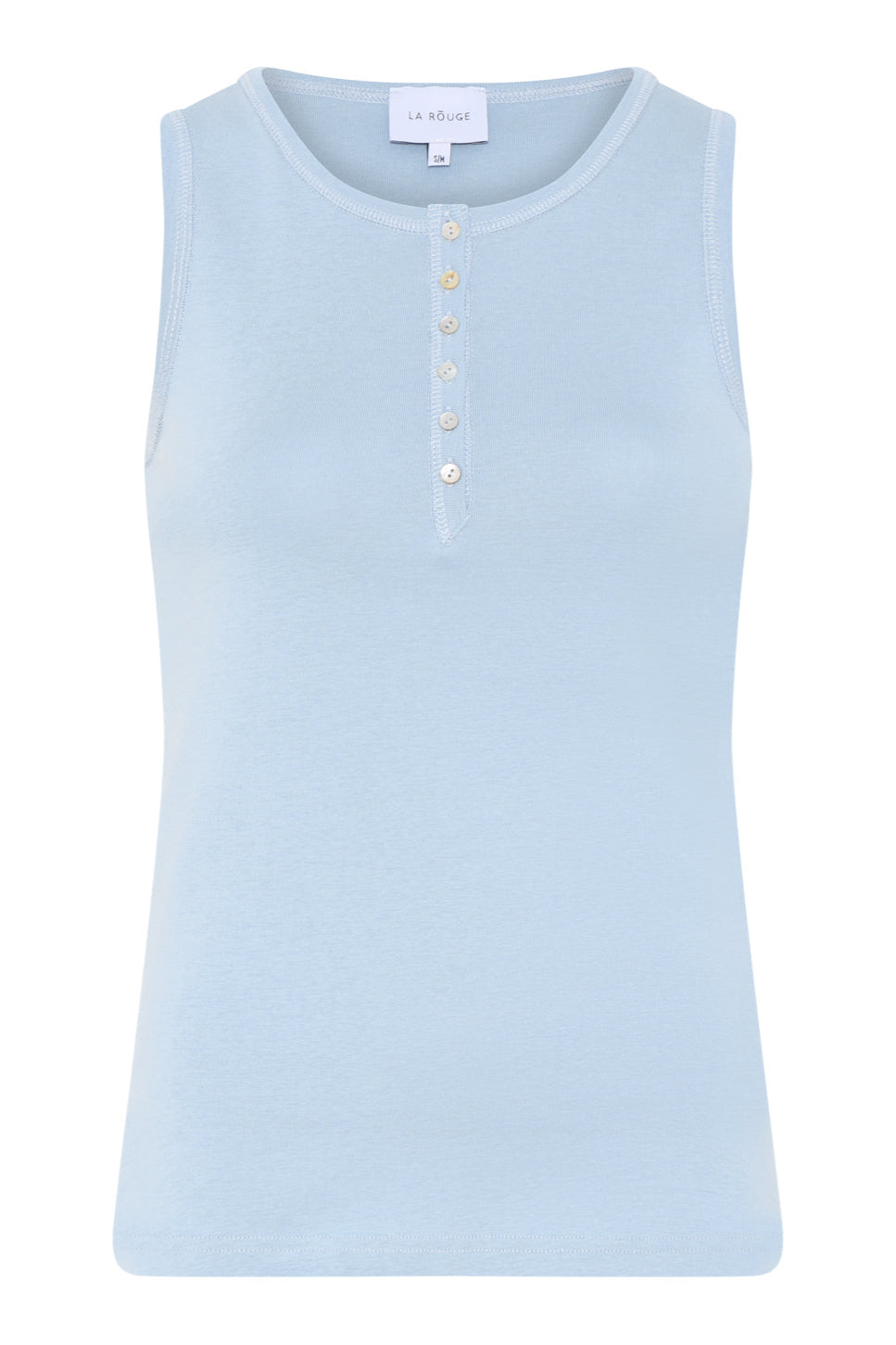 La Rouge Rose Tank Top – kropsnær bomuldstop med stolpedetalje og perlemorsknapper. Elegant og feminin pasform.