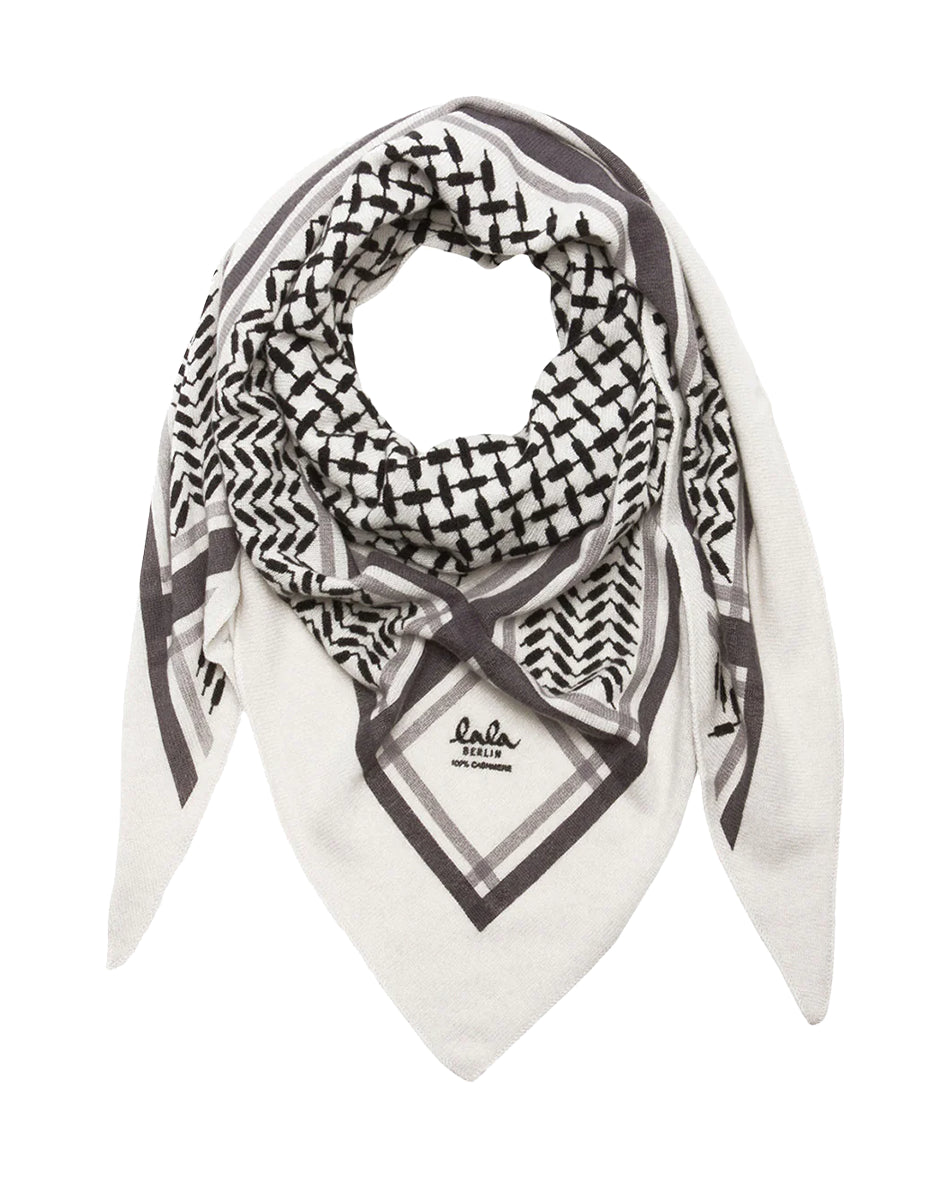 Lala Berlin Triangle Trinity Classic M tørklæde i alabastro off-white – trekantet cashmere-tørklæde med ikonisk heritage-print, blødt, let og elegant