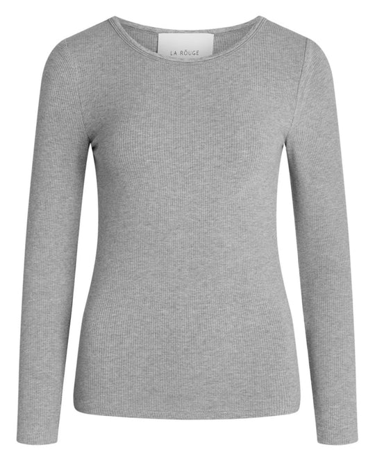 La Rouge Lisa L/S T-shirt – tætsiddende langærmet t-shirt i grey melange, lavet af blød viskose. Perfekt til både afslapning og aktivt brug.