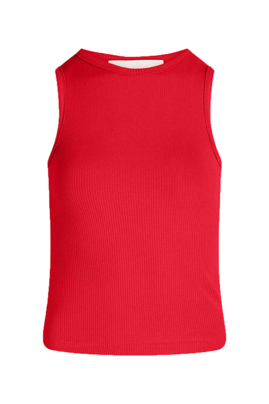 LA RōUGE Lisa Singlet – kropsnær ribbet top med smalskåret halsudskæring og trendy udskæringer. Blød viskose med stretch.