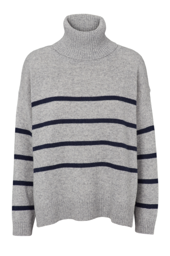 Lise Striped T-neck Sweater fra Basic Apparel - Genanvendt Uld i Light Grey Mel./Sky Captain