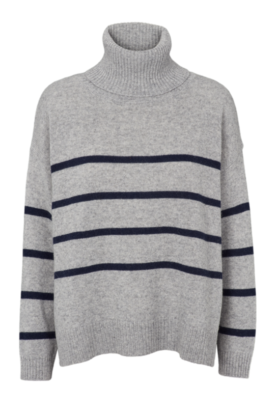 Lise Striped T-neck Sweater fra Basic Apparel - Genanvendt Uld i Light Grey Mel./Sky Captain