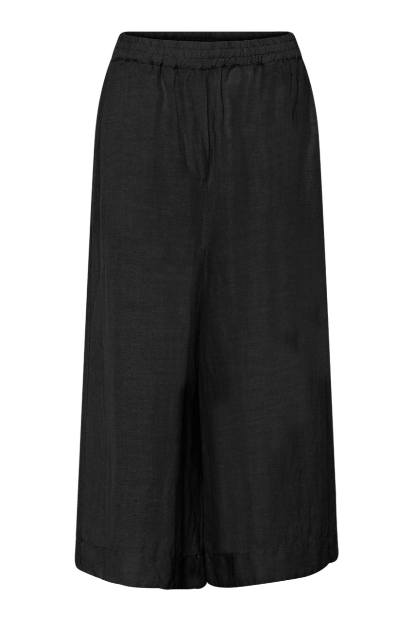 La Rouge Lone Pant i sort – lette og luftige bukser i en komfortabel viskose- og hørblanding med elastisk talje og sidelommer.