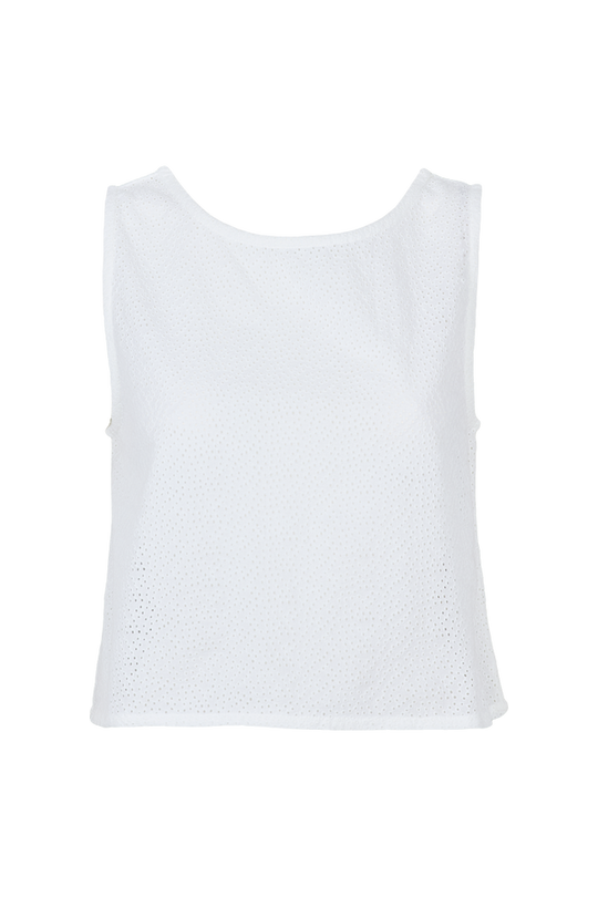 Basic Apparel Lotus Top i 100 % økologisk bomuld med broderet stof, bindebånd til to stylingmuligheder og afslappet fit. Bæredygtig og alsidig top.