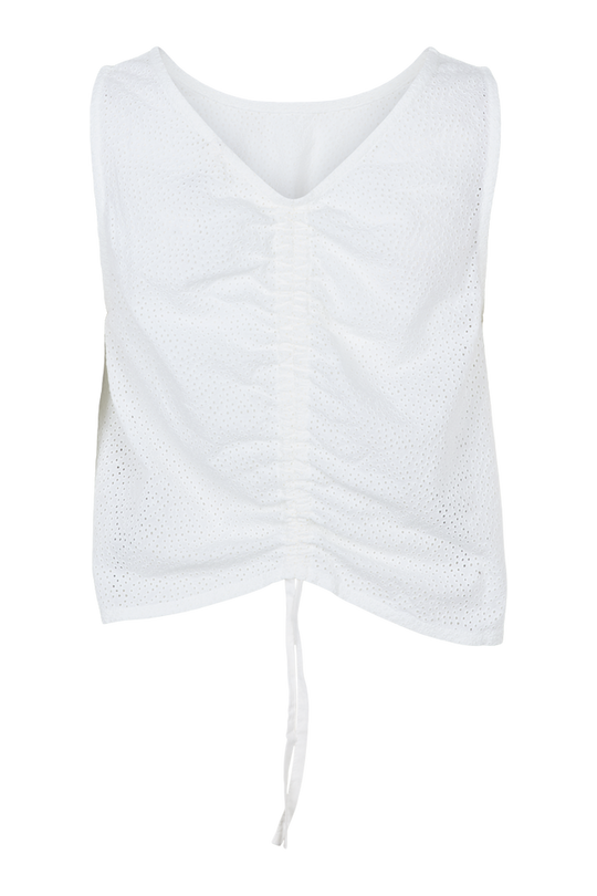 Basic Apparel Lotus Top i 100 % økologisk bomuld med broderet stof, bindebånd til to stylingmuligheder og afslappet fit. Bæredygtig og alsidig top.