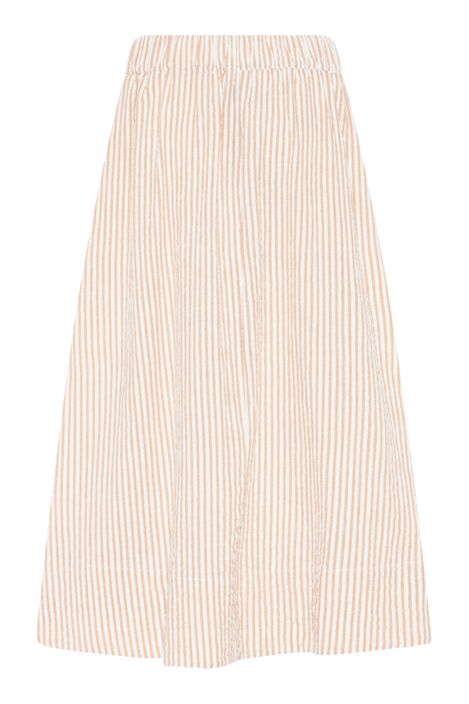 La Rouge Lou Skirt – A-skåret sommernederdel i bomuld med elastisk talje og sidelommer. Let og elegant i sandfarvede striber.