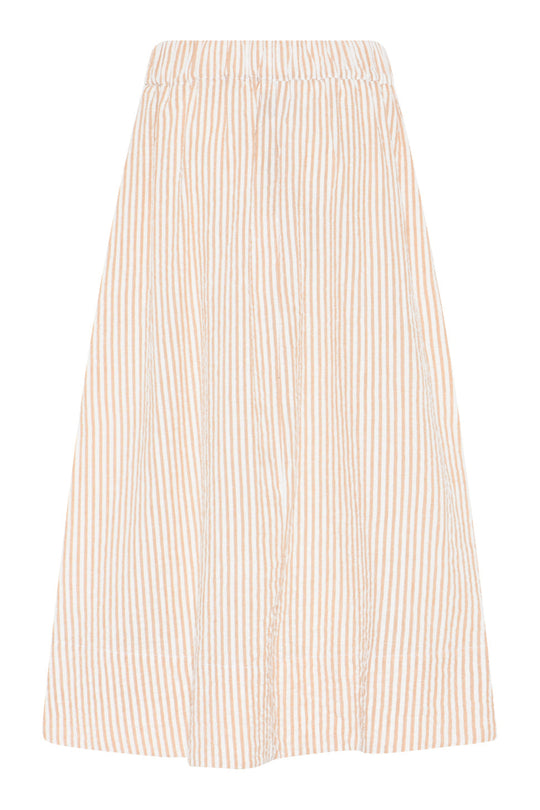 La Rouge Lou Skirt – A-skåret sommernederdel i bomuld med elastisk talje og sidelommer. Let og elegant i sandfarvede striber.