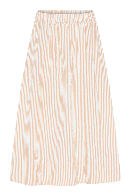 La Rouge Lou Skirt – A-skåret sommernederdel i bomuld med elastisk talje og sidelommer. Let og elegant i sandfarvede striber.