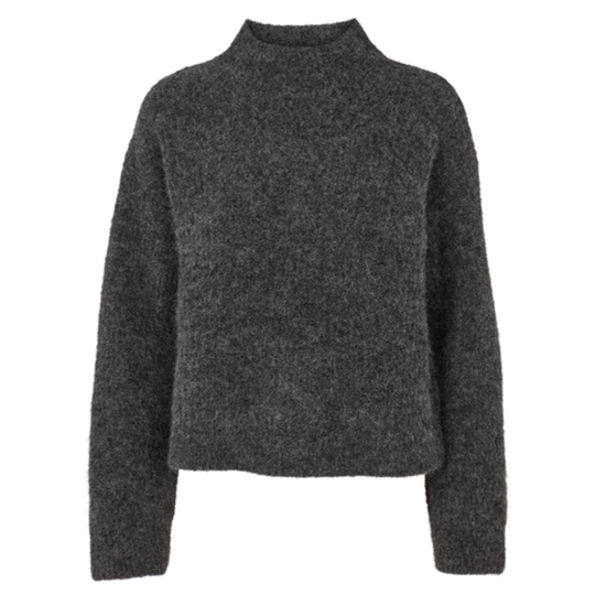 Basic Apparel Magna H. Neck Sweater i dark grey melange - Blød sweater med høj hals i ansvarlige materialer