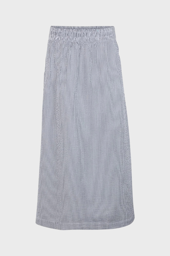 Basic Apparel Asta Skirt lang nederdel i 100 % økologisk bomuld med elastisk talje, afslappet pasform og klassisk stribet design i white/navy.