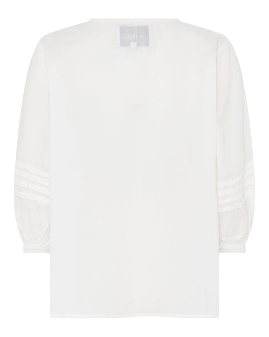 La Rouge Molly Blouse – feminin bluse i bomuld med flæser, broderi og ¾-ærmer.