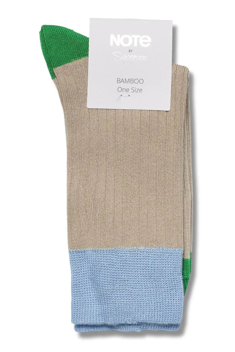Strømper | Note Bamboo Rib Colour Block, beige/blå/grøn