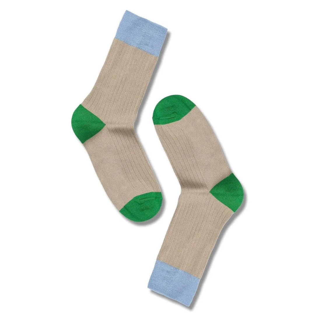 Strømper | Note Bamboo Rib Colour Block, beige/blå/grøn