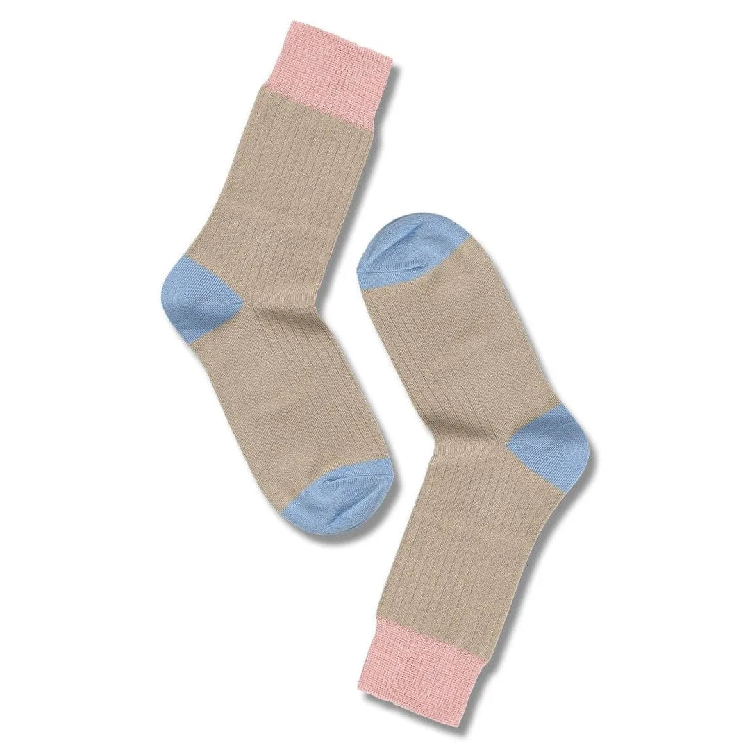 Strømper | Note Bamboo Rib Colour Block, beige/pink/blå