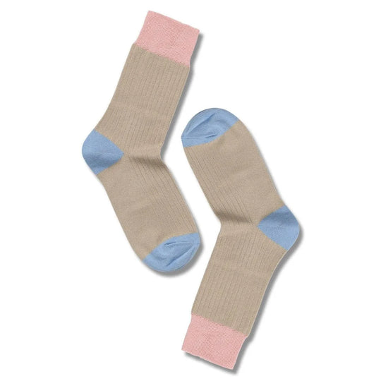 Strømper | Note Bamboo Rib Colour Block, beige/pink/blå