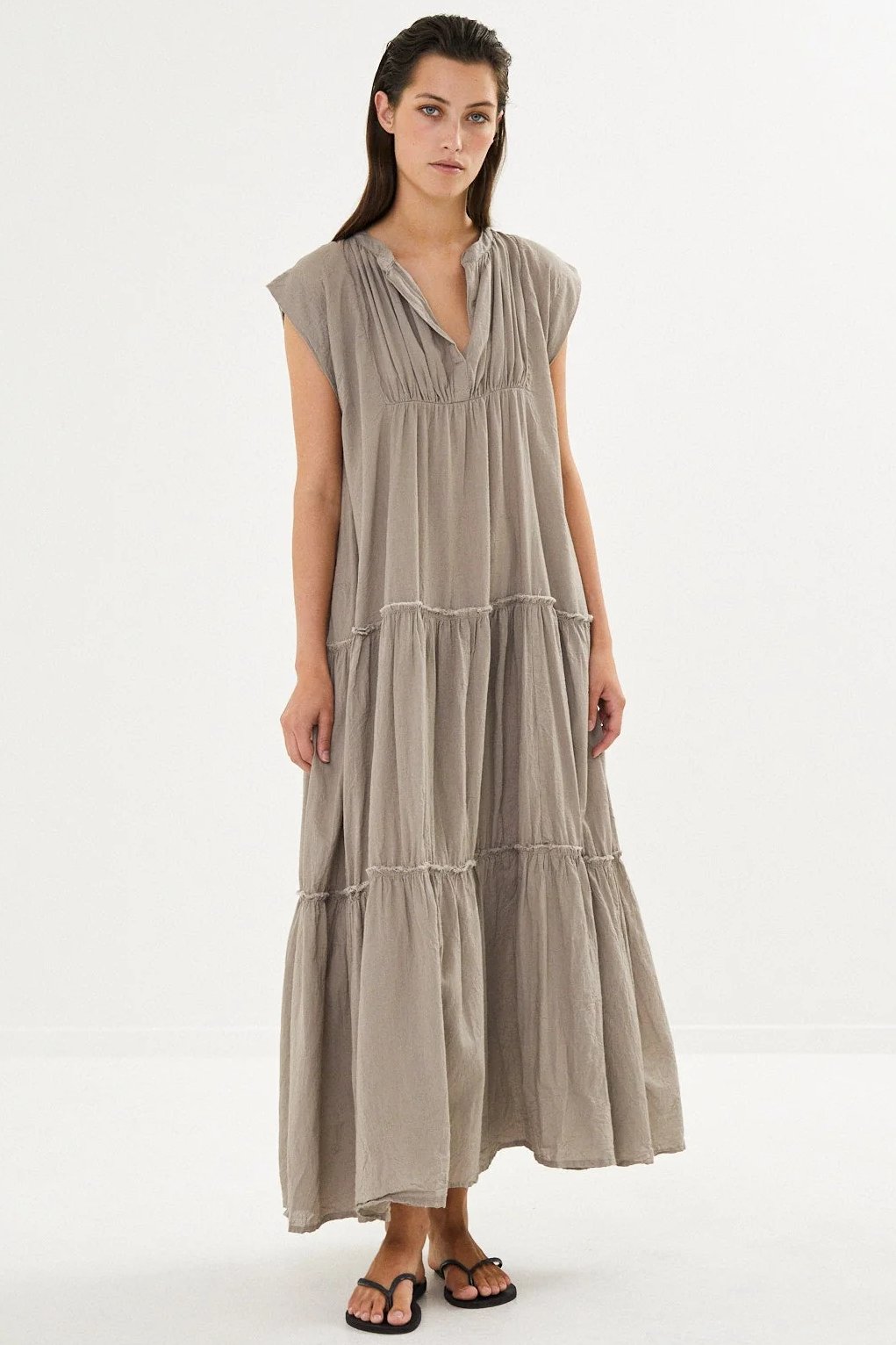Rabens Saloner | Kjole | Lorita, cotton tiered long dress, pearl grey