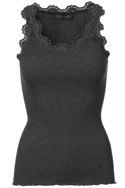 Rosemunde | Silketop | RWBabette SL U-neck Long Lace Top, 5205 dark grey melange