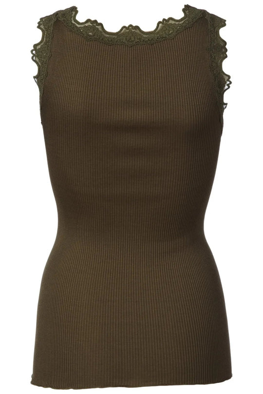 Silketop | ROSEMUNDE Tanktop med blonder, olive night