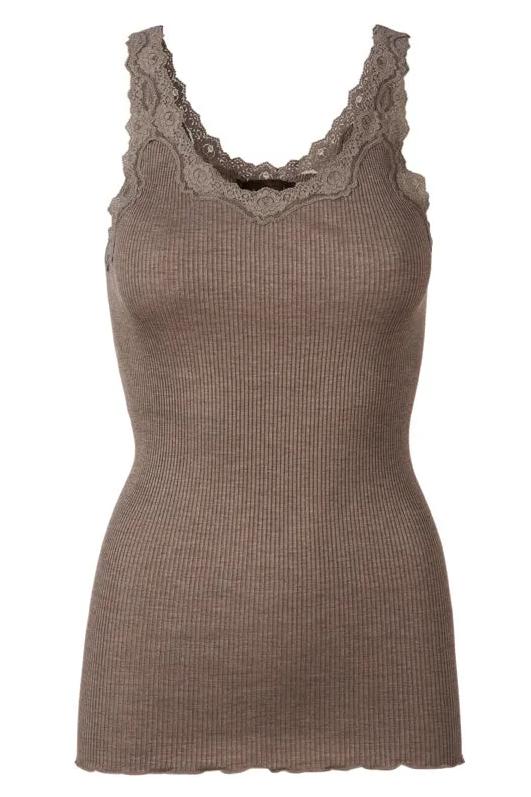 Silketop | ROSEMUNDE Tanktop med blonder, brown melange