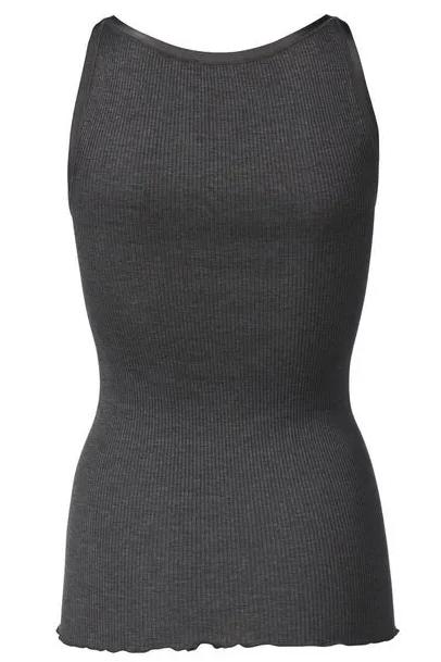 Rosemunde RWBelle silketop med elastikbånd i halsudskæring. Toppens materiale er en blanding af silke og bomuld. Tætsiddende og uden sidesømme.