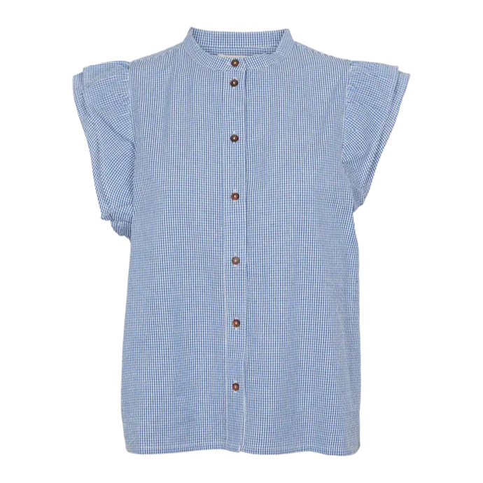 Basic Apparel Rudie Blouse i Quiet Harbor – let og bæredygtig bluse i 100 % økologisk bomuld med løs pasform, stolpelukning og lav krave.