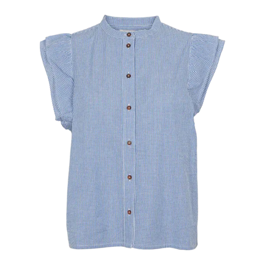 Basic Apparel Rudie Blouse i Quiet Harbor – let og bæredygtig bluse i 100 % økologisk bomuld med løs pasform, stolpelukning og lav krave.