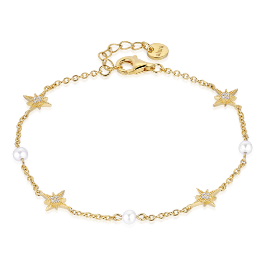 Alura Venus Armbånd 01 i 18K guldbelagt sterlingsølv med facetslebne zirkoner og ferskvandsperler, inspireret af planeten Venus.