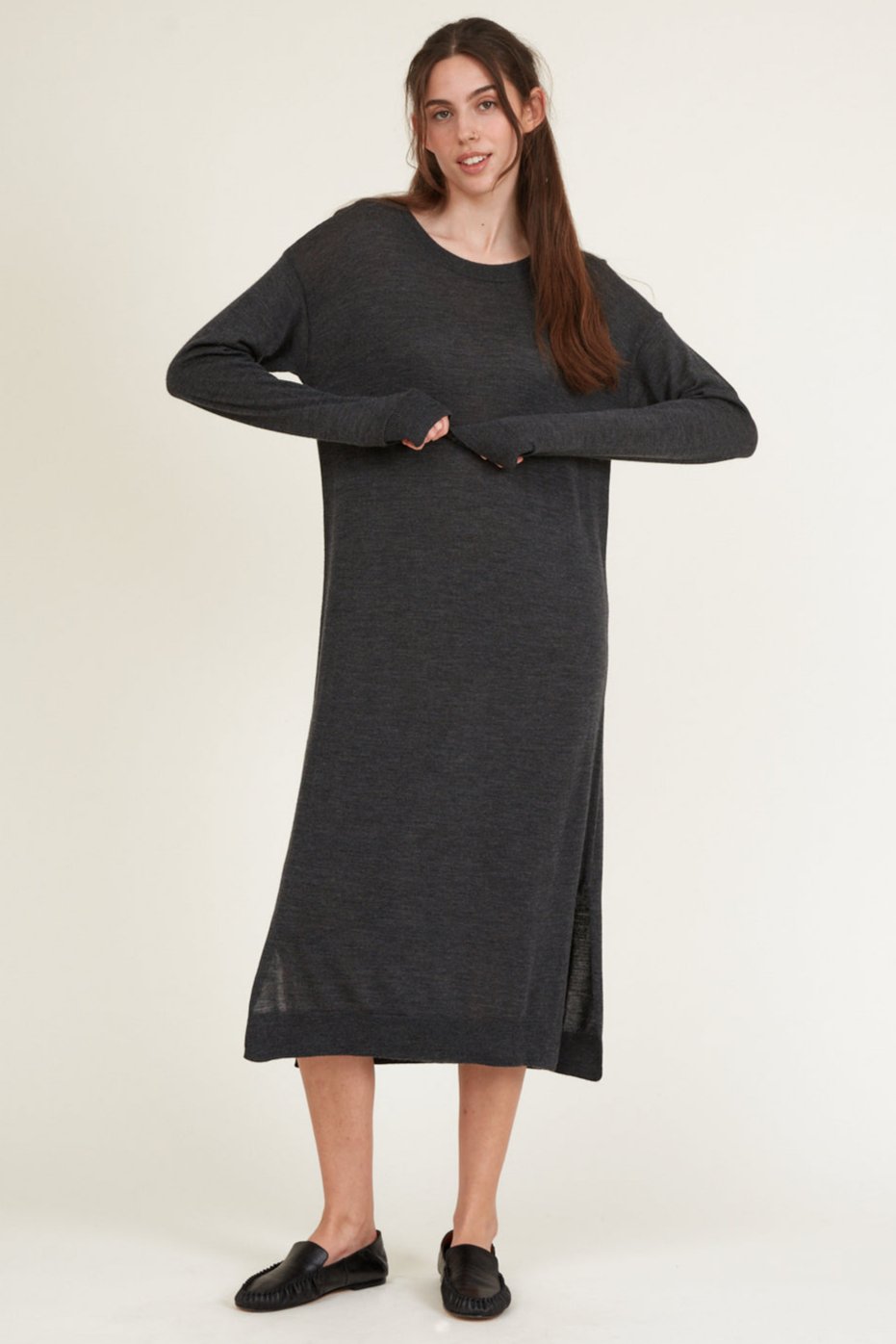 Basic Apparel Vera Long Dress i dark grey melange - Lang kjole i 100% merinould