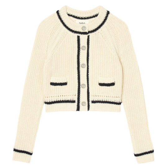 ba&sh Beatrice Cardigan – cropped cardigan i økologisk bomuld med kontrastbånd, rund hals og knaplukning.