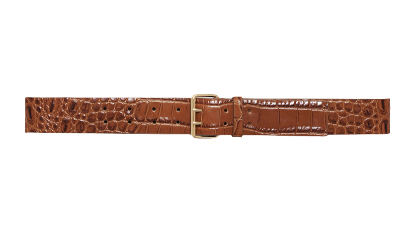 Anine Bing Mila Belt – bredt bælte i 100% kalvelæder med croco-embossed tekstur. Utility-inspireret design med guldfarvet dobbeltrins-spænde.