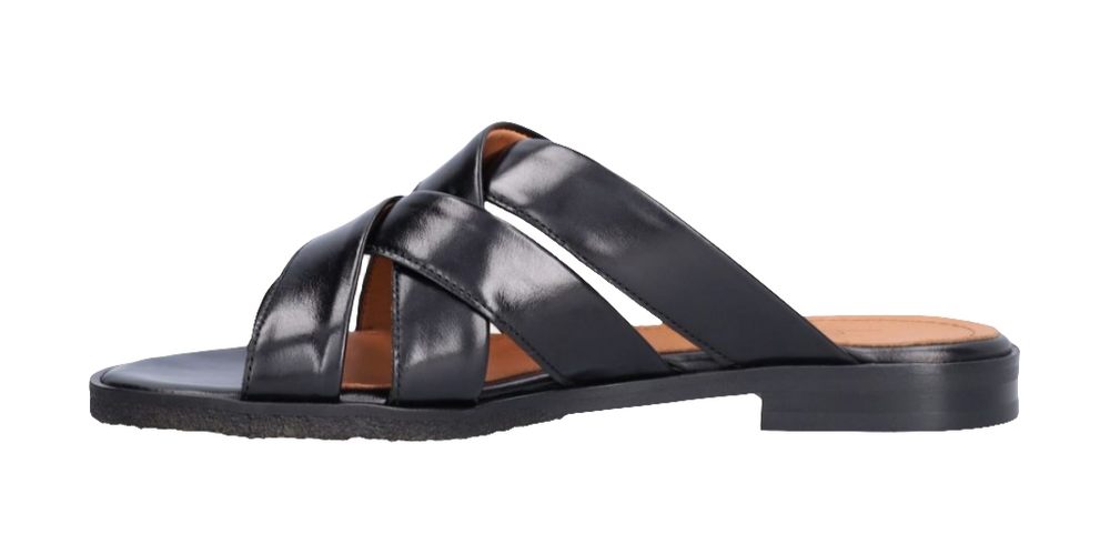 Billi Bi A8501 sandaler – håndlavede slip-ins i sort skind med krydsende stropper og komfortabel rågummisål. Eksklusiv kvalitet til hverdagsbrug.