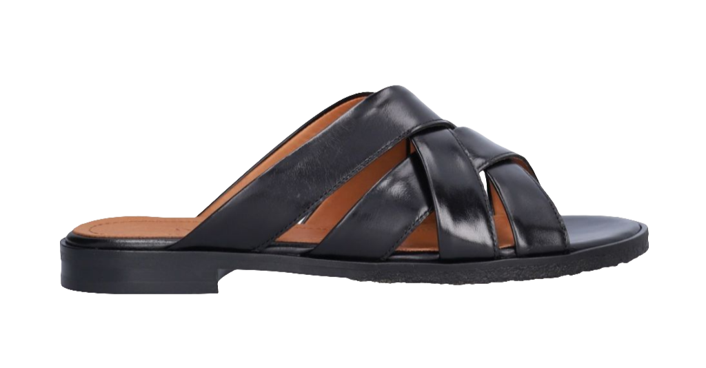 Billi Bi A8501 sandaler – håndlavede slip-ins i sort skind med krydsende stropper og komfortabel rågummisål. Eksklusiv kvalitet til hverdagsbrug.