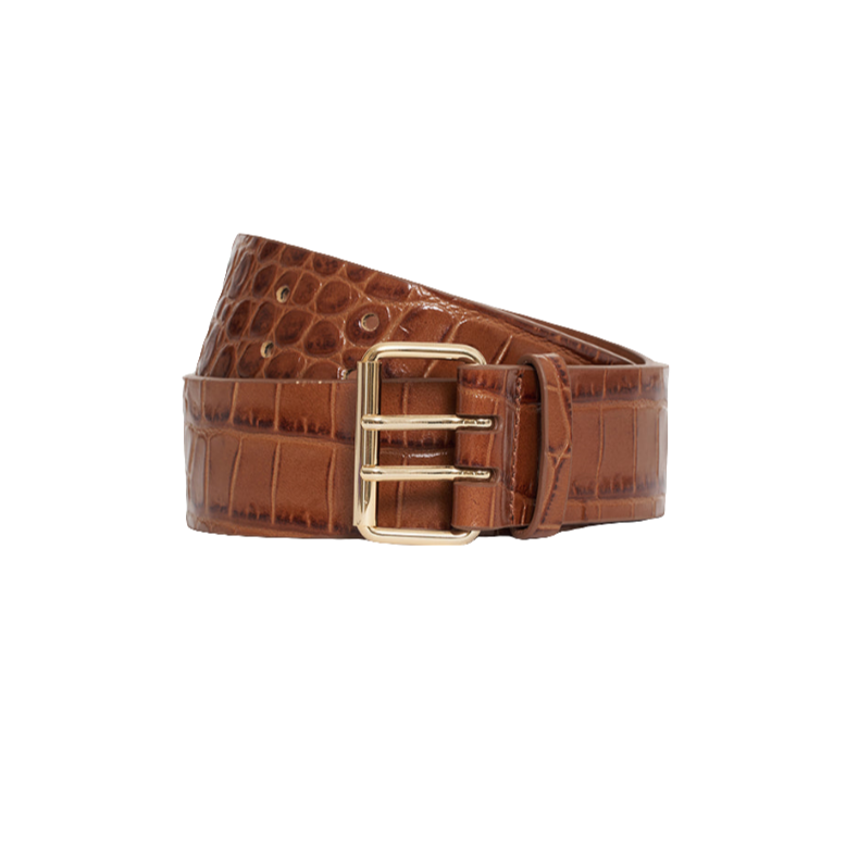 Anine Bing Mila Belt – bredt bælte i 100% kalvelæder med croco-embossed tekstur. Utility-inspireret design med guldfarvet dobbeltrins-spænde.