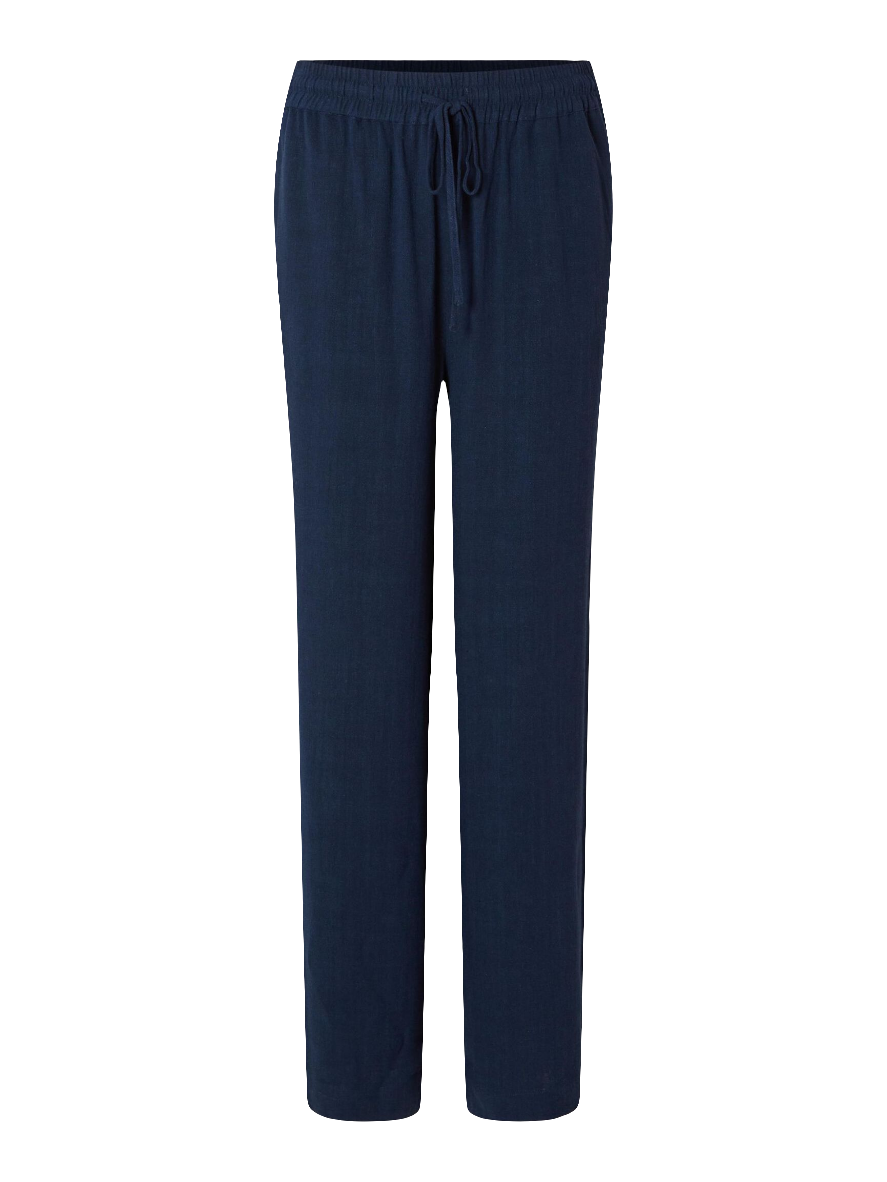 Selected Femme Viva-Gulia HW Long Sun Pant i hørblanding med høj elastisk talje, justerbar snor, skårede sidelommer og loose fit. Perfekte forår- og sommerbukser.