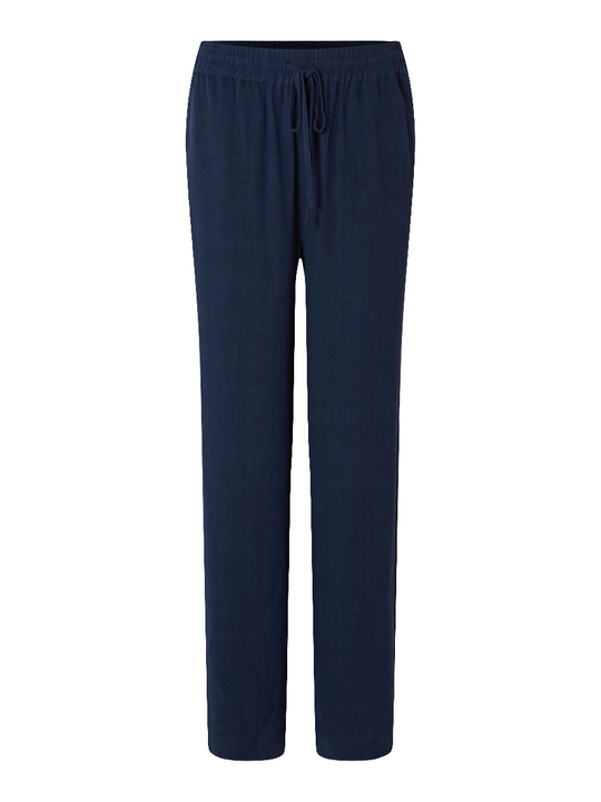 Selected Femme Viva-Gulia HW Long Sun Pant i hørblanding med høj elastisk talje, justerbar snor, skårede sidelommer og loose fit. Perfekte forår- og sommerbukser.