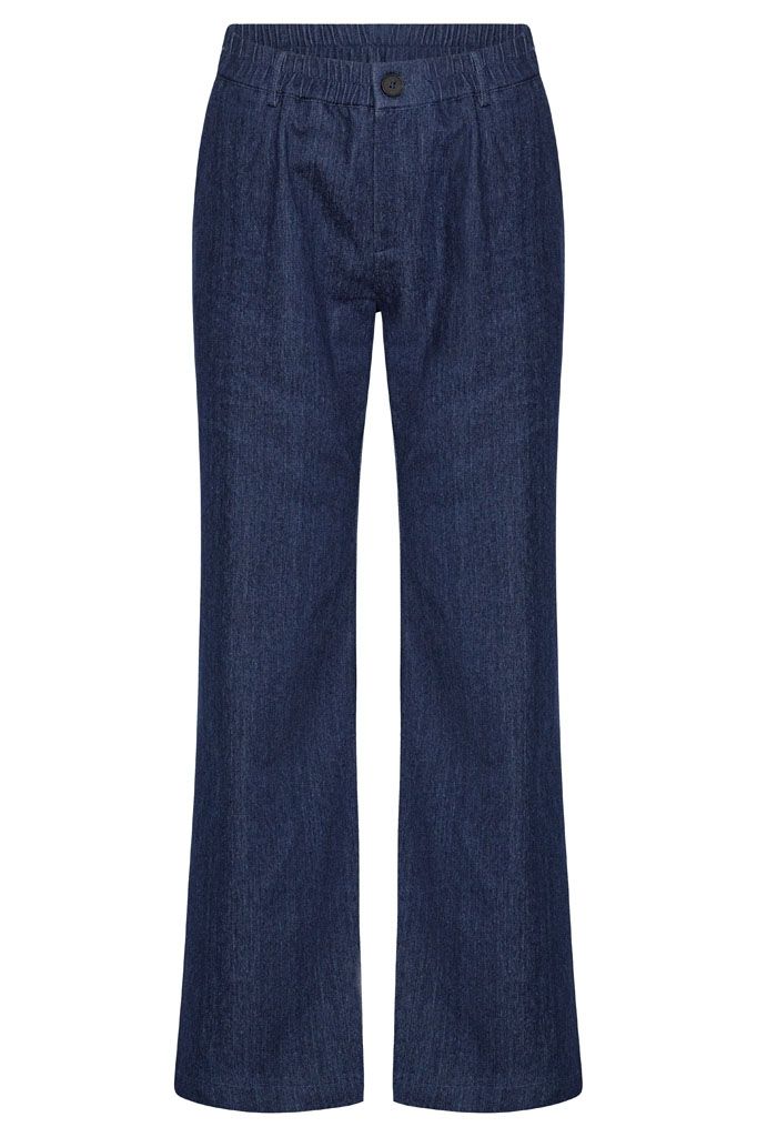 Continue Roberta Jeans i solid blue – jeans med vide ben og elastik i taljen. Strækbar kvalitet for komfort.