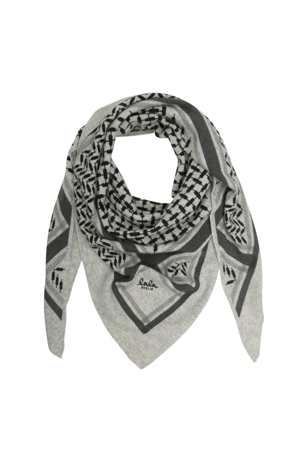Lala Berlin Triangle Trinity Classic M tørklæde i flanella/light grey melange – trekantet tørklæde i 100% kashmir med ikonisk heritage-print, blødt og elegant